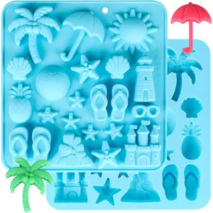 Summer Silicone Molds 2 Packs Beach Themed Chocolate Molds Coconut Tree Starfish Shells Beacon Pineapple Shape Candy Mold for Tropical Summer Party Marine Baking Mold