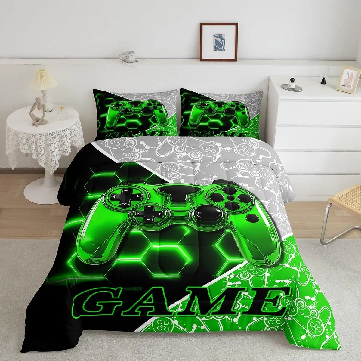 Feelyou Gamer Microfiber Bedspread Set - Breathable Honeycomb Game Controller Comforter, Modern Green Geometrical Duvet, Soft Linens for Modern Bedroom (Quilt Set Bedding, Hang Dry Recommended)