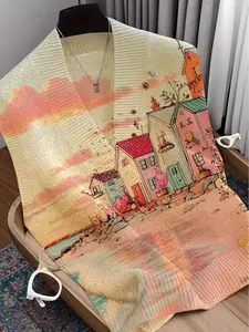 Women's Deep V Neck Sleeveless Knitted Vest, Cartoon Anime Style Landscape Print, Thin Layered Wear, Casual Daily Fashion, Womenswear, Knitted Vest Top