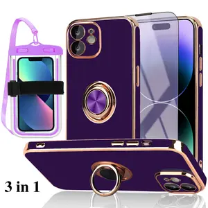 iPhone 11 Case Purple 3 in 1 Bundle With Screen Protector Anti-Blue Light And Waterproof Touchscreen Luminous Phone Pouch With Strap & Lanyard Built-in Car Mount Magnet Foldable Kickstand Ring Stand Shockproof Cute Luxury Design