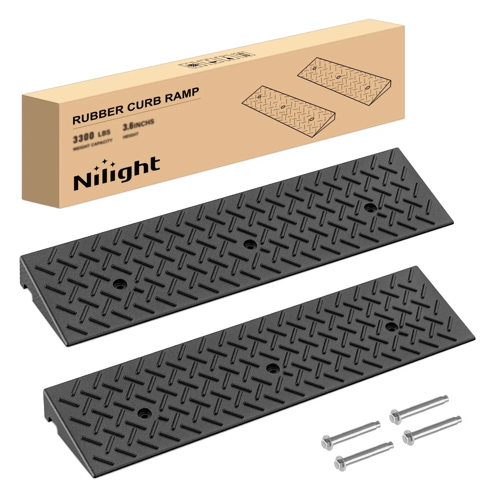 Nilight 2.4" Rise Heavy Duty Anti-Slip Rubber Curb Ramps - 6600lbs/Pair Load Capacity, Pre-Drilled, Hollow Grid Structure, Side Drainage Holes, Quick Setup, for Driveways, Cars, Motorcycles, Lawn Mowers