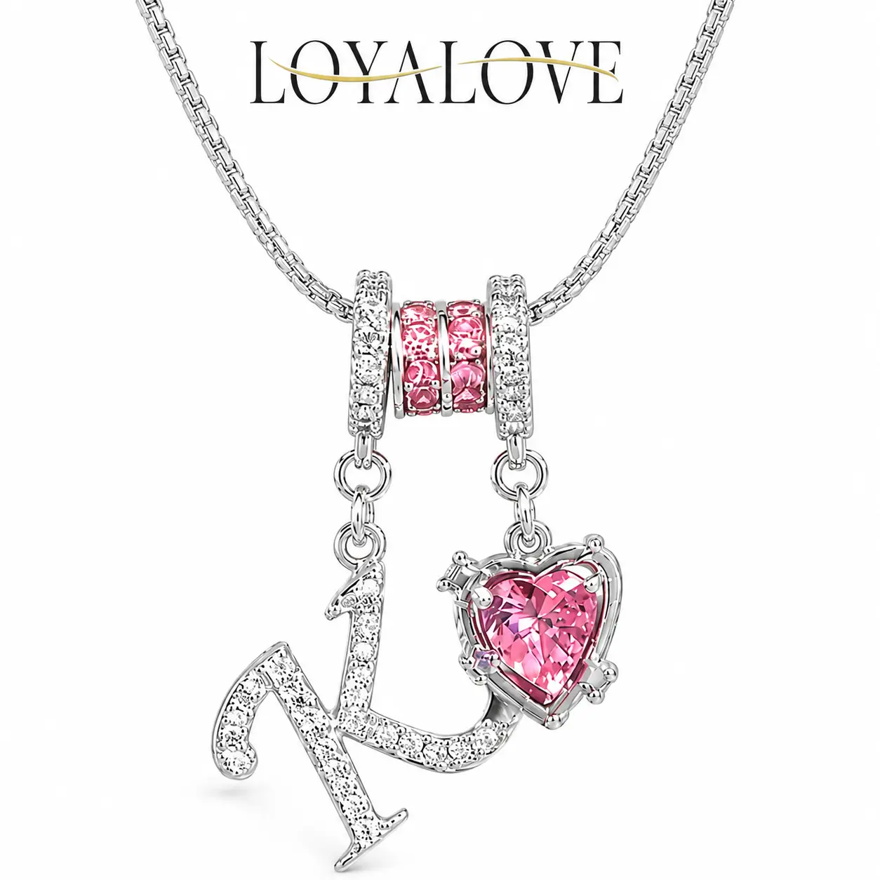 Loyalove Initial Necklace for Women, 925 Silver Plated 3-Layer A-Z Letter Pendant Necklace with Pink Heart Cubic Zirconia, Dainty Adjustable Box Chain Choker, Personalized Jewelry Gift for Her