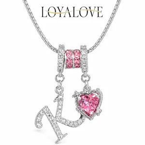 Loyalove Initial Necklace for Women, 925 Silver Plated 3-Layer A-Z Letter Pendant Necklace with Pink Heart Cubic Zirconia, Dainty Adjustable Box Chain Choker, Personalized Jewelry Gift for Her