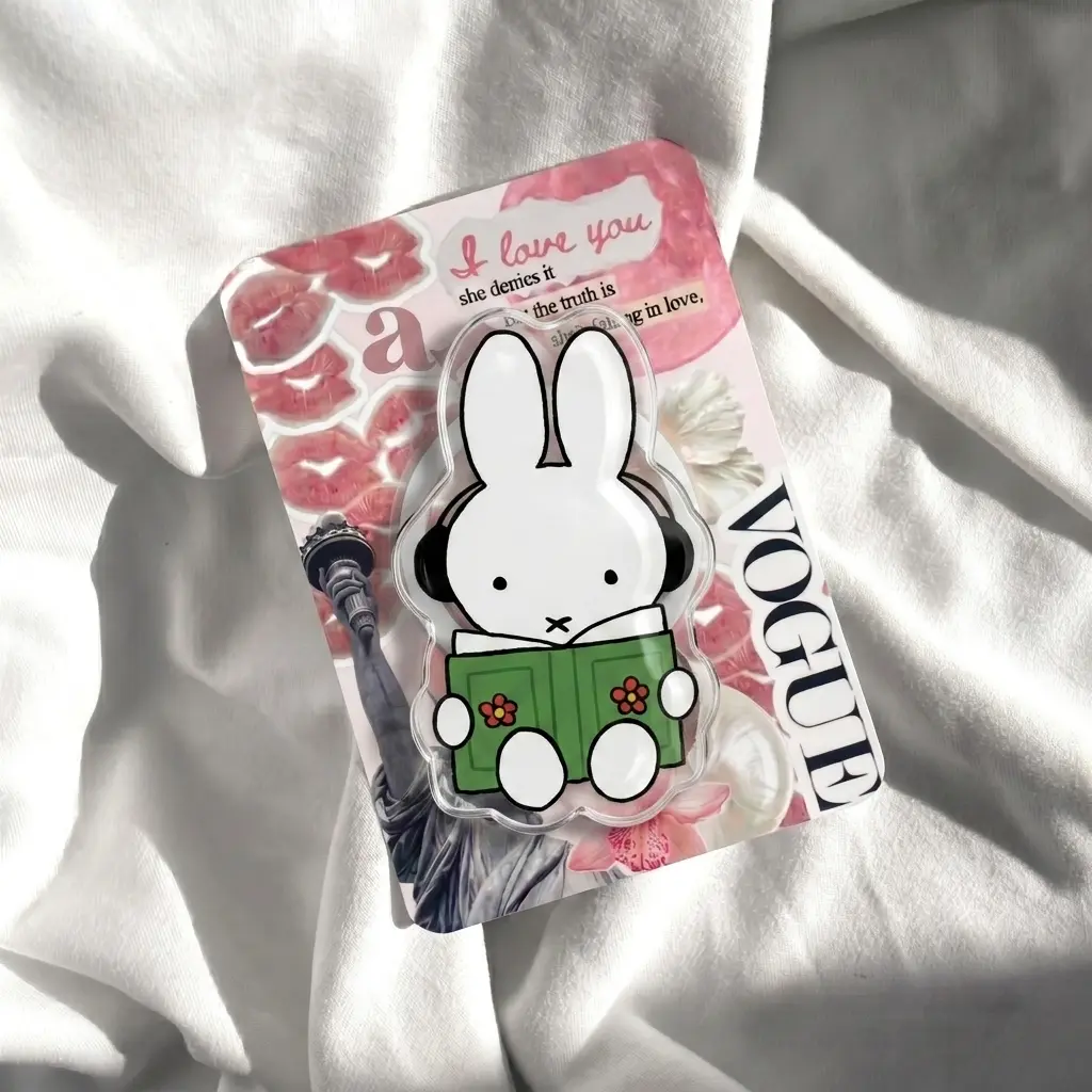 Audiobook Lover Bunny Phone Grip - Cute Cartoon Rabbit Reading Griptok - Aesthetic Green Book Phone Holder - Acrylic Kindle Stand Accessory