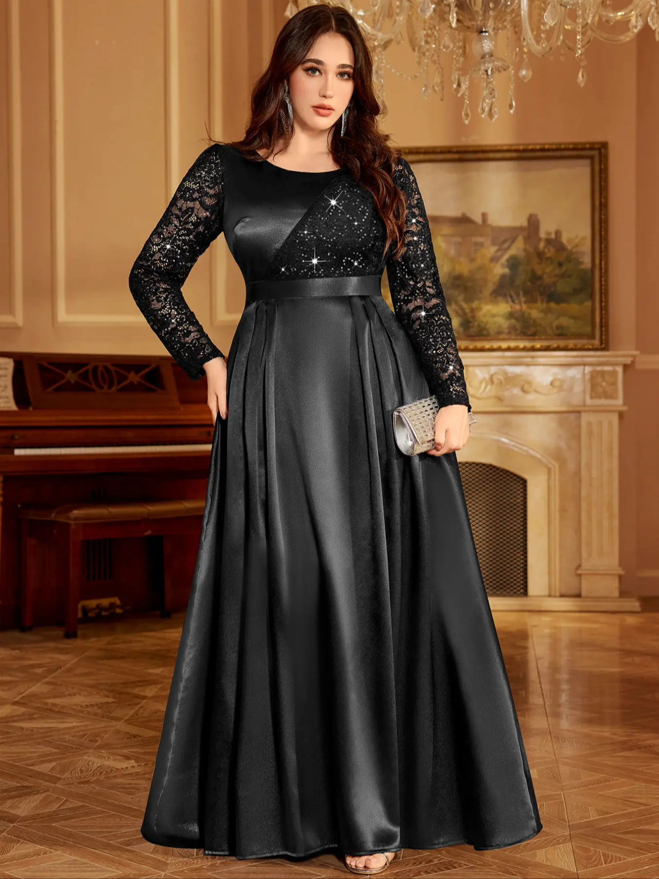 MISSMAY P54507A Plus Curvy Sequin Lace Contrast Satin Pleated Hem Elegant Maxi Prom Evening Party Cocktail MISSMAY P54507A Plus Curvy Sequin Lace Contrast Satin Pleated Hem Elegant Maxi Prom Evening Party Cocktail