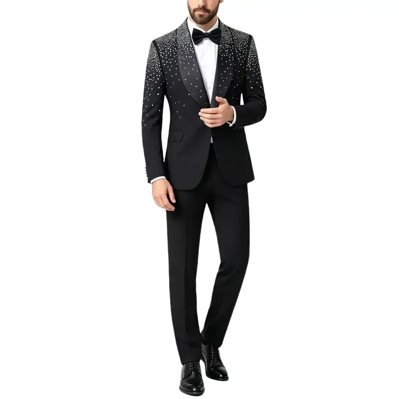 Men's Luxury 2-Piece Slim-Fit Rhinestone Tuxedo Set - Blazer Jacket, Trousers, Ideal for Weddings, Formal Parties, Wedding