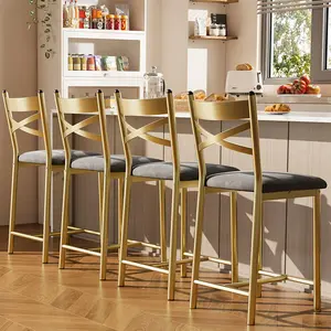 Garvee Set of 4 Counter Height Bar Stools with PU Upholstered Seats, Metal Frame, X-Design Back and Footrest, 22" Gold Finish for Kitchen Island, Counter Bar, and Dining Room Seating