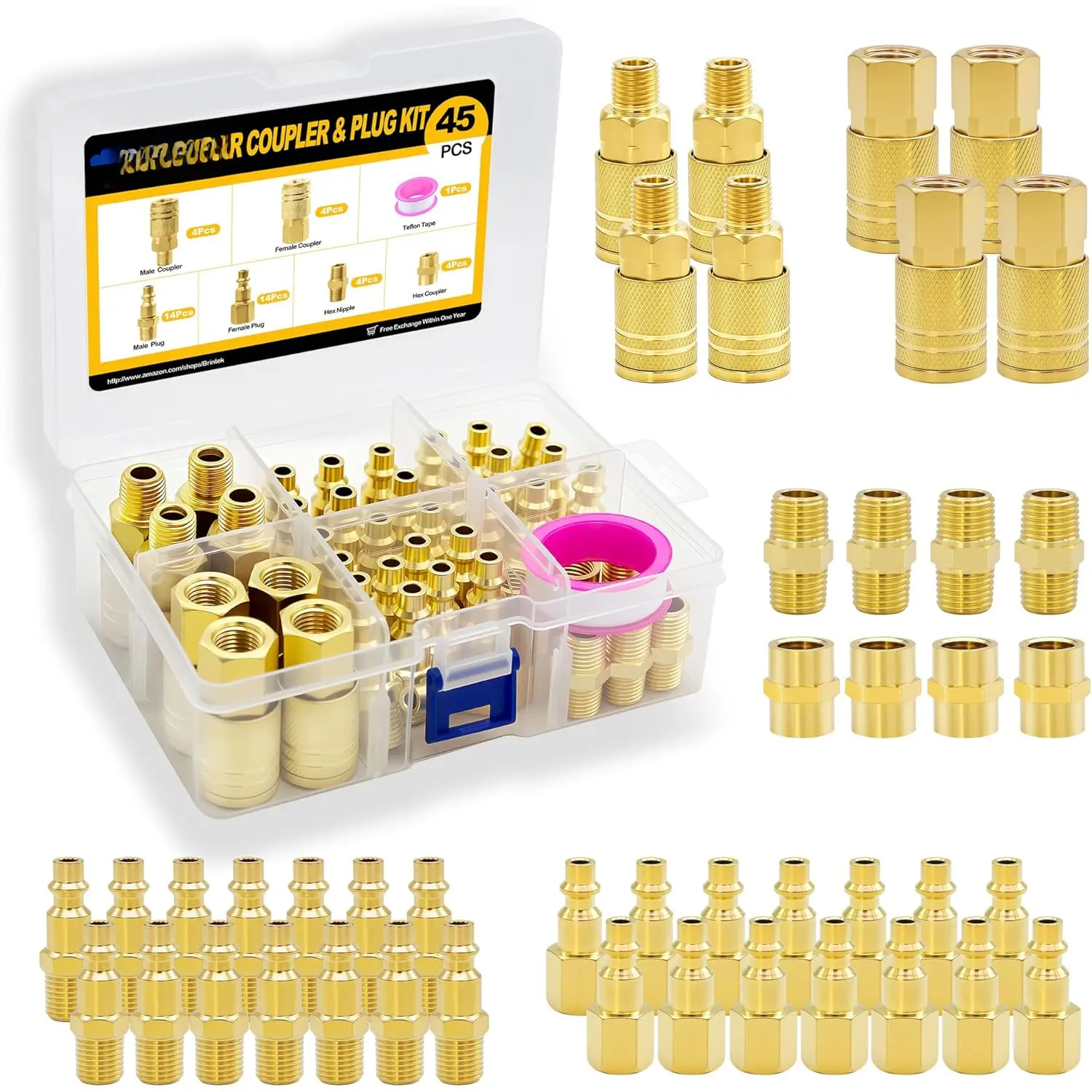 45 count Air Coupler Plug Kit 1/4"NPT Air Tool Fittings Quick Connect Air Hose Fittings Compressor Accessories Connectors