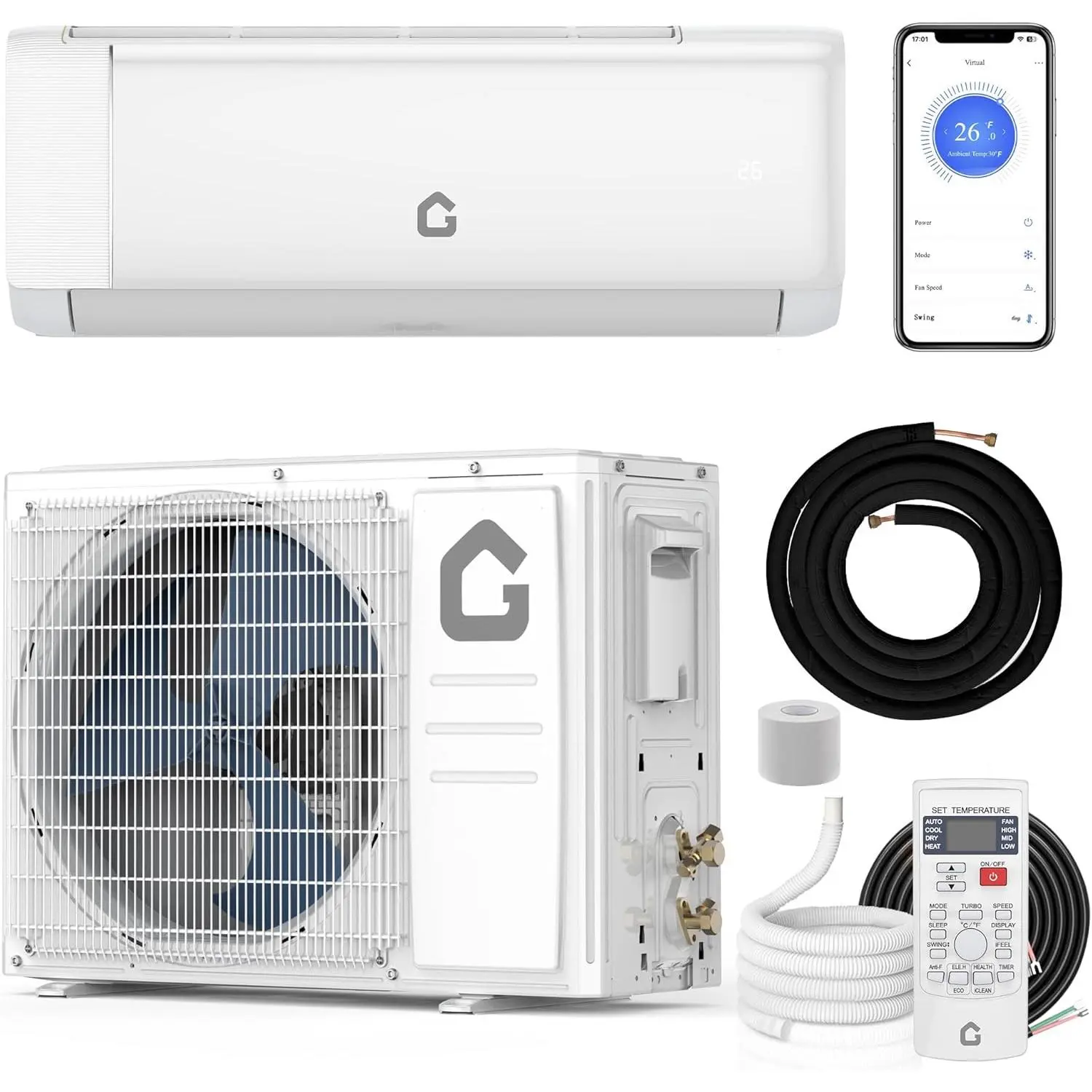 12000 BTU Mini Split Air Conditioner 750 Sq.Ft Cooling Heating Energy Star CertifiedSmart Inverter Tech Alexa-Compatible WiFi Control Professional Installation Kit Included, Compact Unit, Year-Round, Wi-Fi Smart