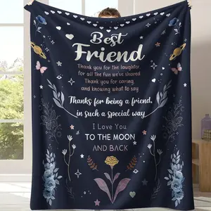 Best Friend Navy Blue Celestial Floral Throw Blanket - Dark Blue Star‑Planet Print Blanket,Cozy Soft Blanket with "I Love You To The Moon And Back" Best Friend Poem, Perfect Gift for BFFs & Soul Sisters