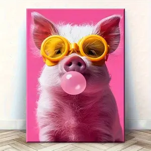 A funny pig head mural - a modern pink and yellow decor, framed in canvas, suitable for a teenager's room, office, or home décor; an ideal Mother's Day gift and teen room decor.