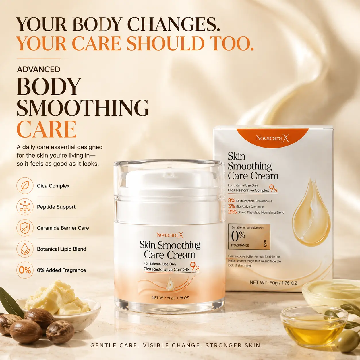Novacara X Body Smoothing Cream for Stretch Marks Dry Rough Skin with 9% Cica Peptides Ceramide Botanical Lipids Fragrance Free 50g
