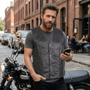 Men’s Black Leather Motorcycle Concealed Carry Vest (Braided)