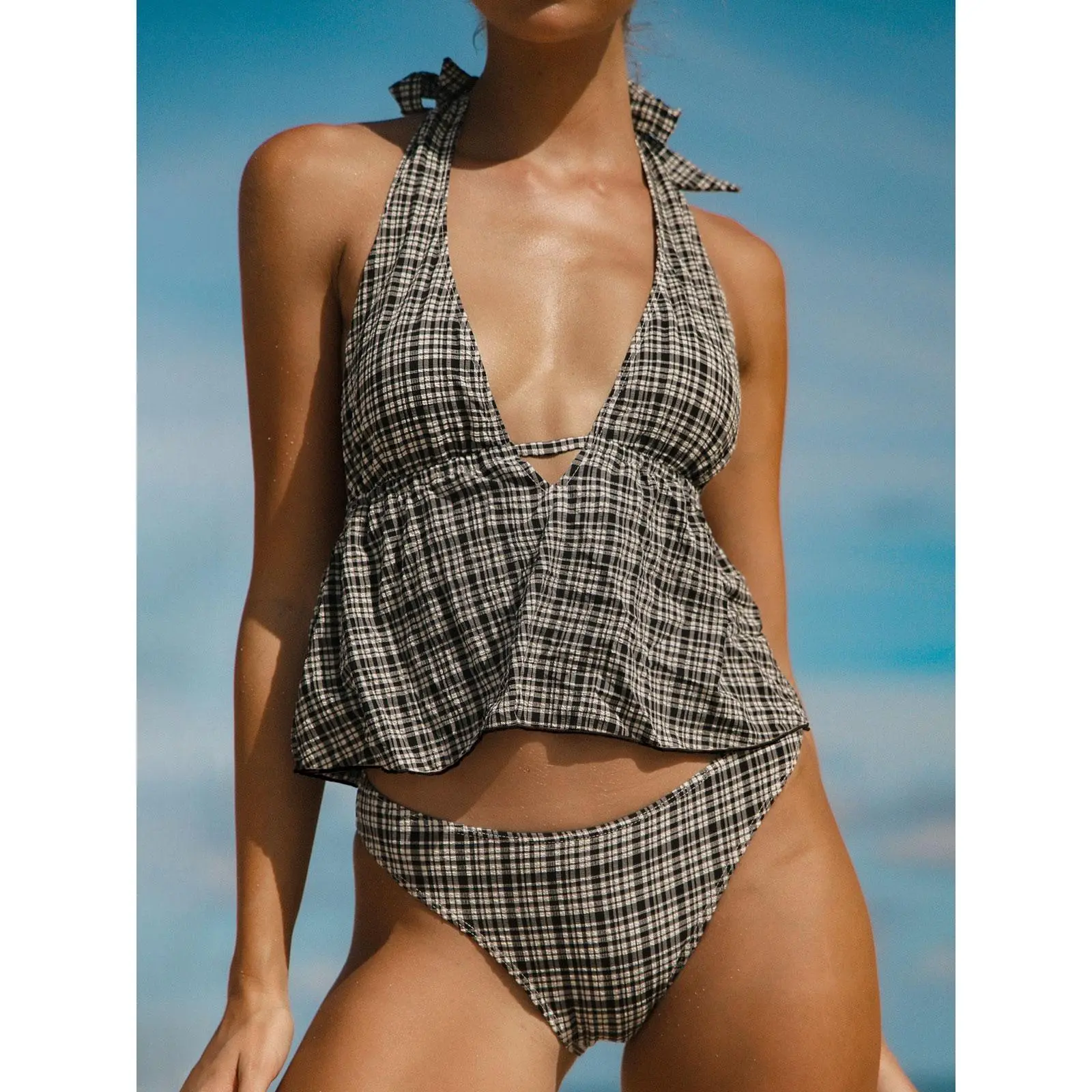 SAMIOL Deep V Plaid Tankini Set Classic Contrast Color Block Tankini Deep Neckline Cutting Body Contouring Soft Fabric Not Easy Deform Perfect Matching Style For Resort Pool Gathering Women Swimming Suit, Tankini Suit, Swimsuit