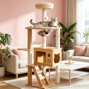 48.8" Modern Wood Cat Tree Tower, Indoor Condo with Sisal-Covered Scratching Posts, Top Perch, Acrylic Hammock & Plush Bed for Small to Large Cats play