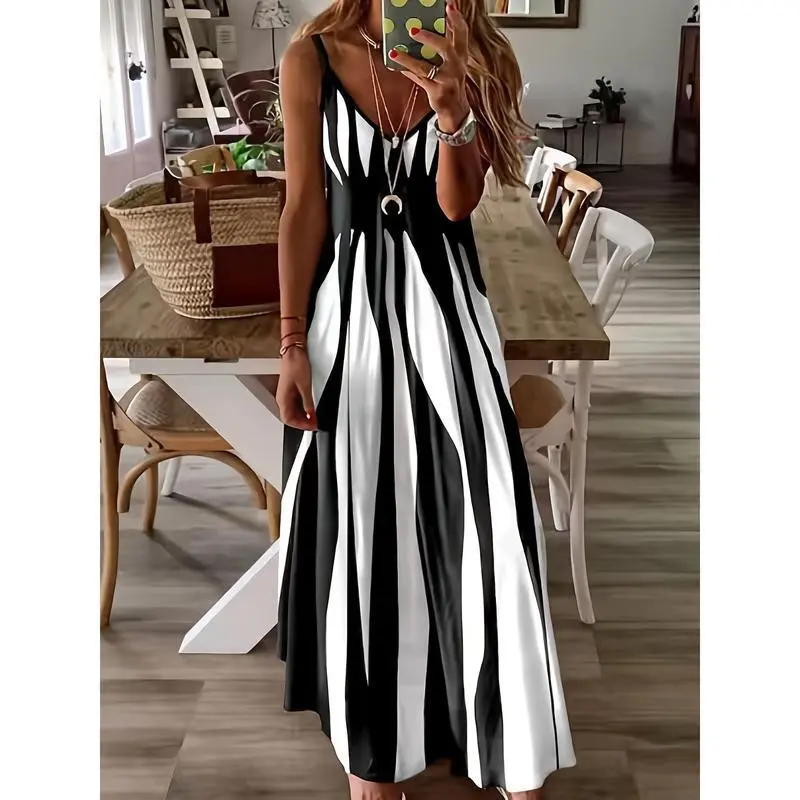 Women's Sporty Geo Print V-Neck Sleeveless Spaghetti Strap Casual Dress, Sports Clothing Sets for Outdoor Activities, Sporty Sports Clothing Sets