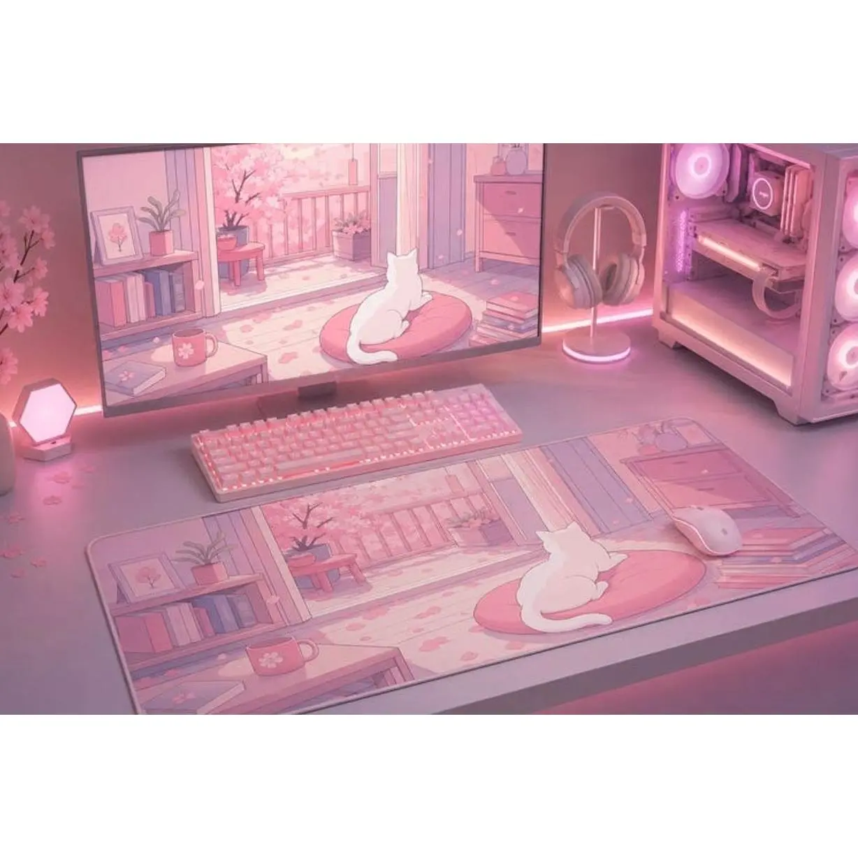 White Cat Cherry Blossom Desk Mat | Pastel Pink Anime Room Mousepad | XL Cozy Aesthetic Desk Pad | Kawaii Sakura Decor