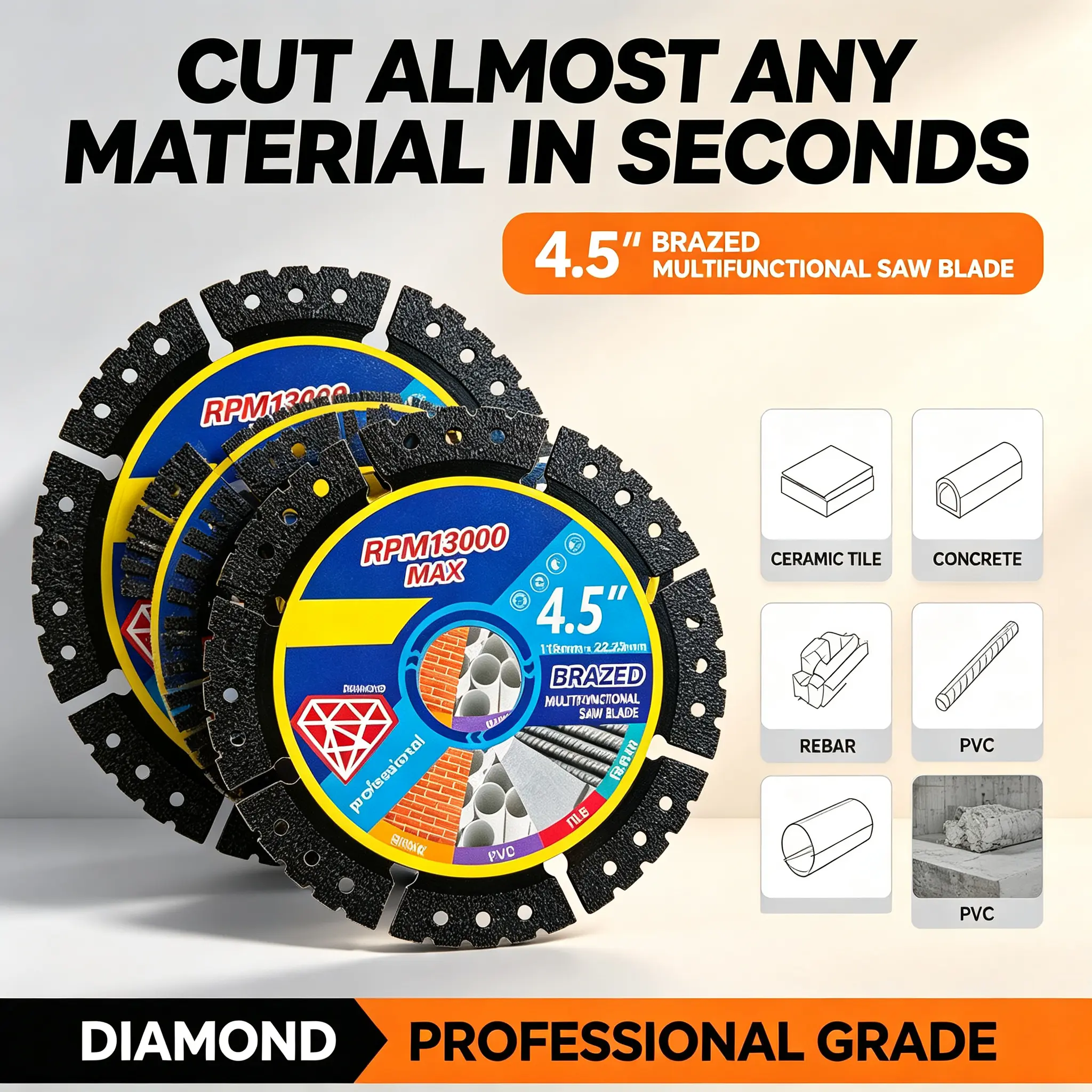 cutting disc Diamond Blades 1/3-Pack 4.5" Diamond Multi-Purpose Saw Blades - Heavy Duty Angle Grinder Discs for Cutting Marble/Quartz/Stone/Tile/Metal/Plastic (Black Teeth)