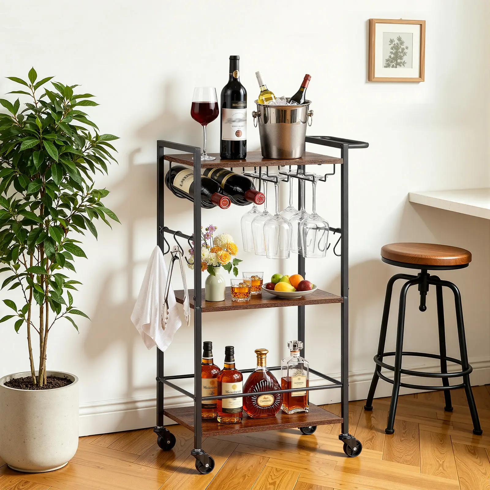 VEVOR Bar Cart, 3 Tiers Home Kitchen Serving Carts, Industrial Rolling Utility Station on Wheel, Mobile Drink Beverage Shelf with Wine Rack & Glass Holder, 20.08x11.02x33.07 in, Rustic Brown and Black
