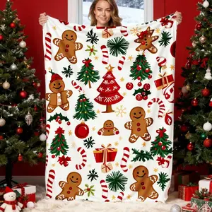 Festive Gingerbread Man Christmas Flannel Blanket with Candy Cane & Tree Pattern Ultra Soft WarmThrow for Couch Movie Nights Bedding Holiday GatheringsXmas Decor Giftweigh tedblanket room decor for men