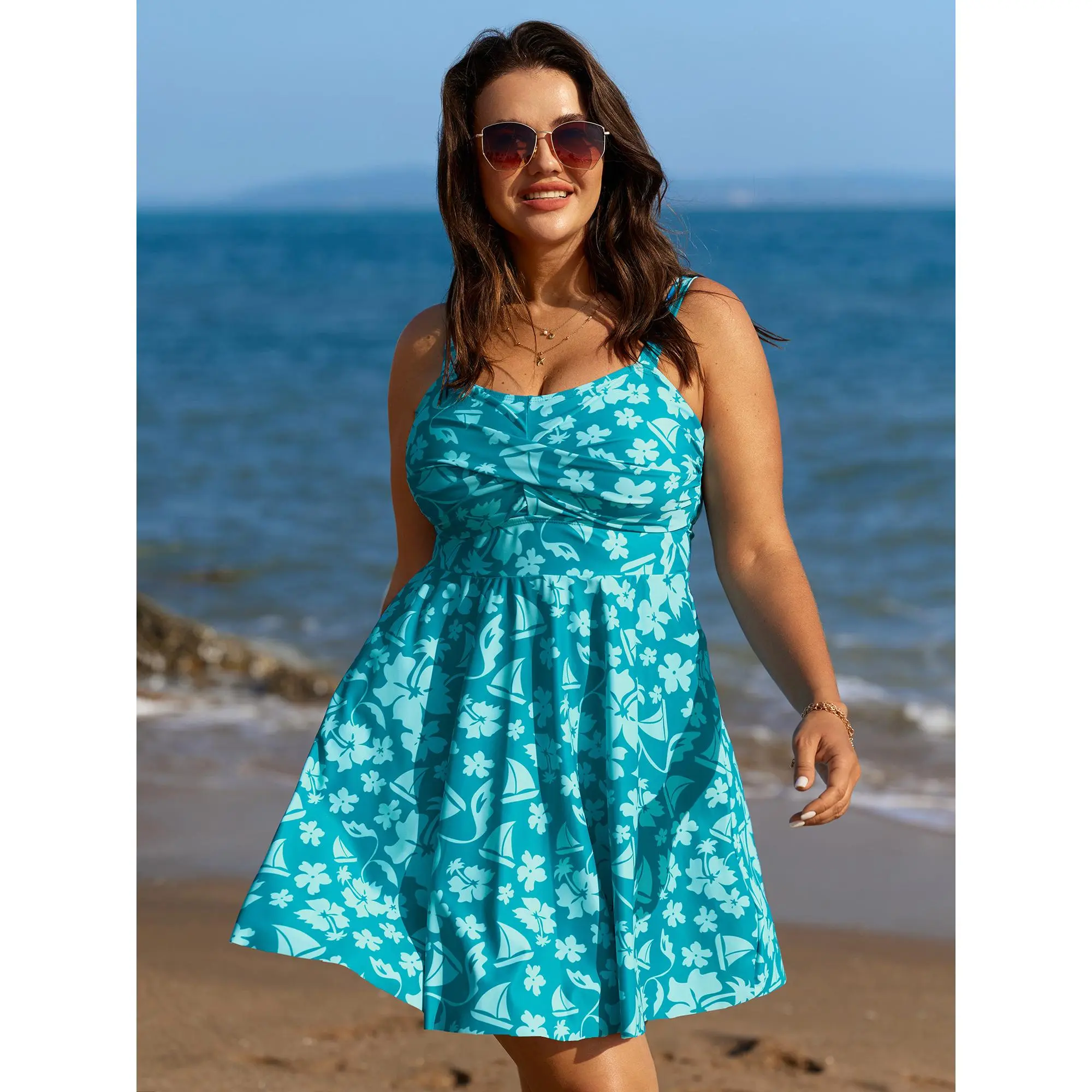 BloomChic Women's Plus Size Sleeveless Floral Print Swim Dress, Twist-Front Heart Neckline Bathing Suit with Bikini Bottoms, UPF 50+, Floral Print Swimsuits, Printed Sleeveless Swimdress