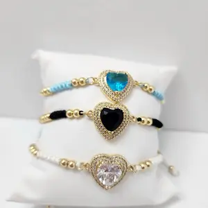 14K Gold Laminated Beaded Adjustable Bracelet with  Thread. Elegant Sophisticated Heart Charm Jewelry