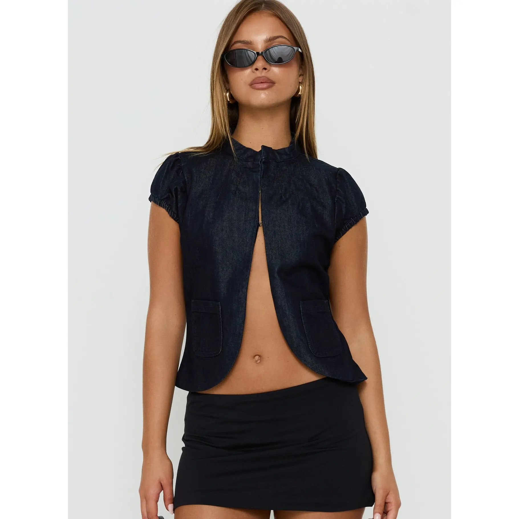Alnira Cap Sleeve Denim Top Indigo