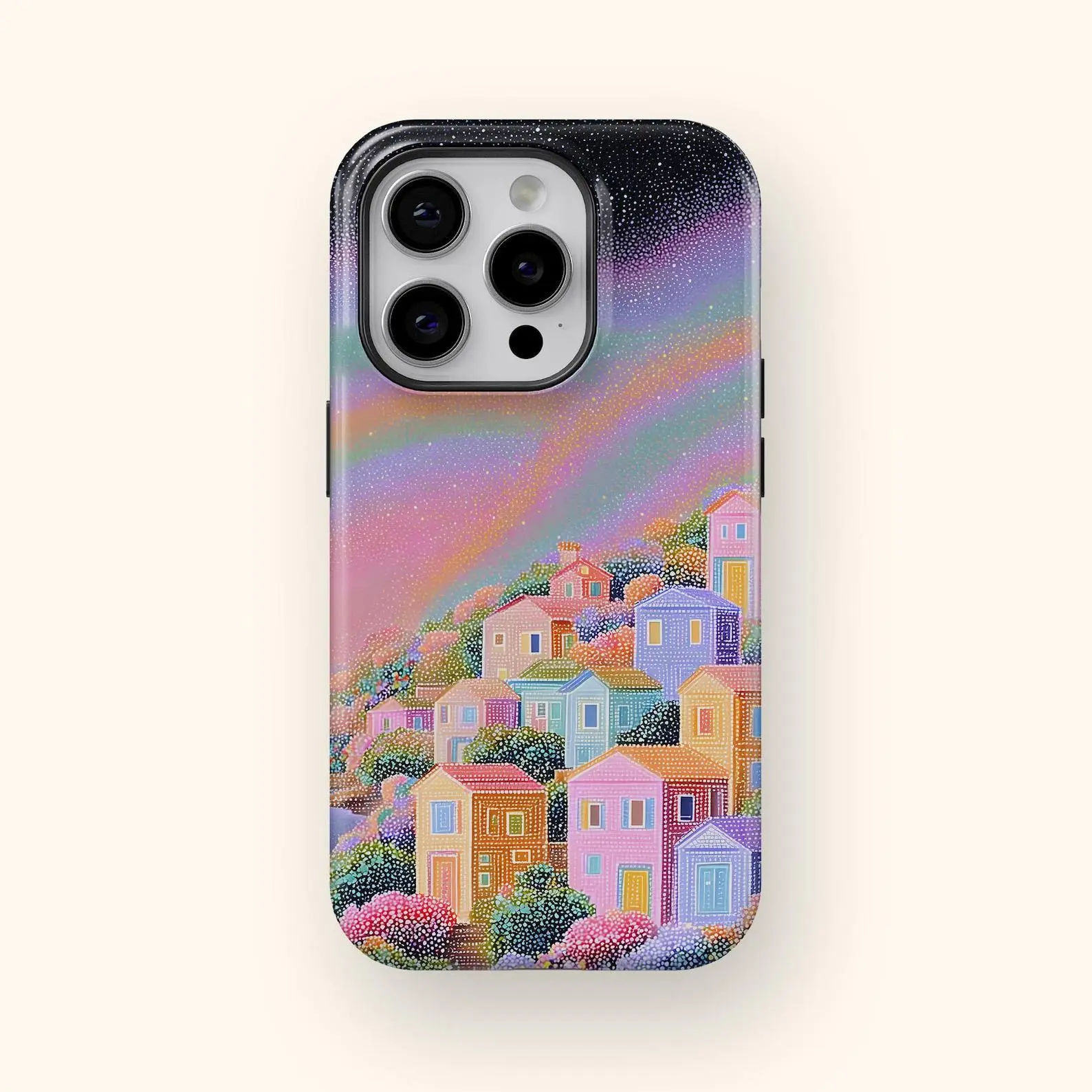 Pastel Rainbow Landscape Phone Case for iPhone 17 16 15 14 13 12 11 and Samsung Galaxy S25 S24 S23 S22 S21 Starry Sky Pointillism Phone Case