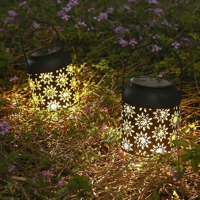 LeiDrail Solar Hanging Lantern with Floral Cutout Pattern – Waterproof Metal Outdoor Garden Light