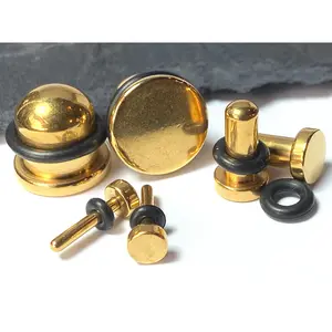 PAIR 316L Surgical Steel Gold Flat Head Plugs Tunnels Gauges Body Jewelry