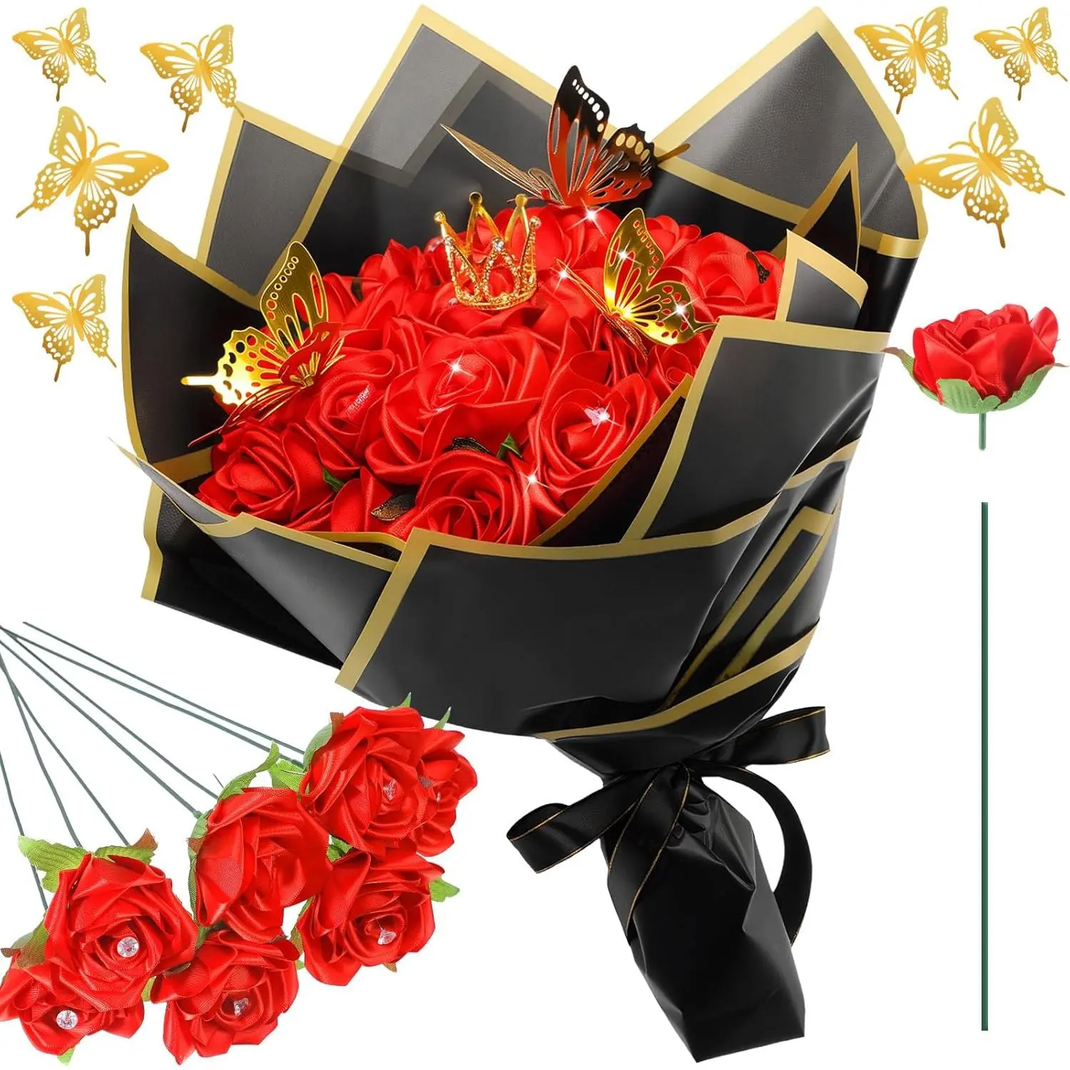 25 Sets Ribbon Rose Bouquet DIY  Roses with Stems Faux  Bouquet Kit Wrapping Paper Crown 3D Butterflies for Graduation Anniversary Birthday Wedding  (Red)