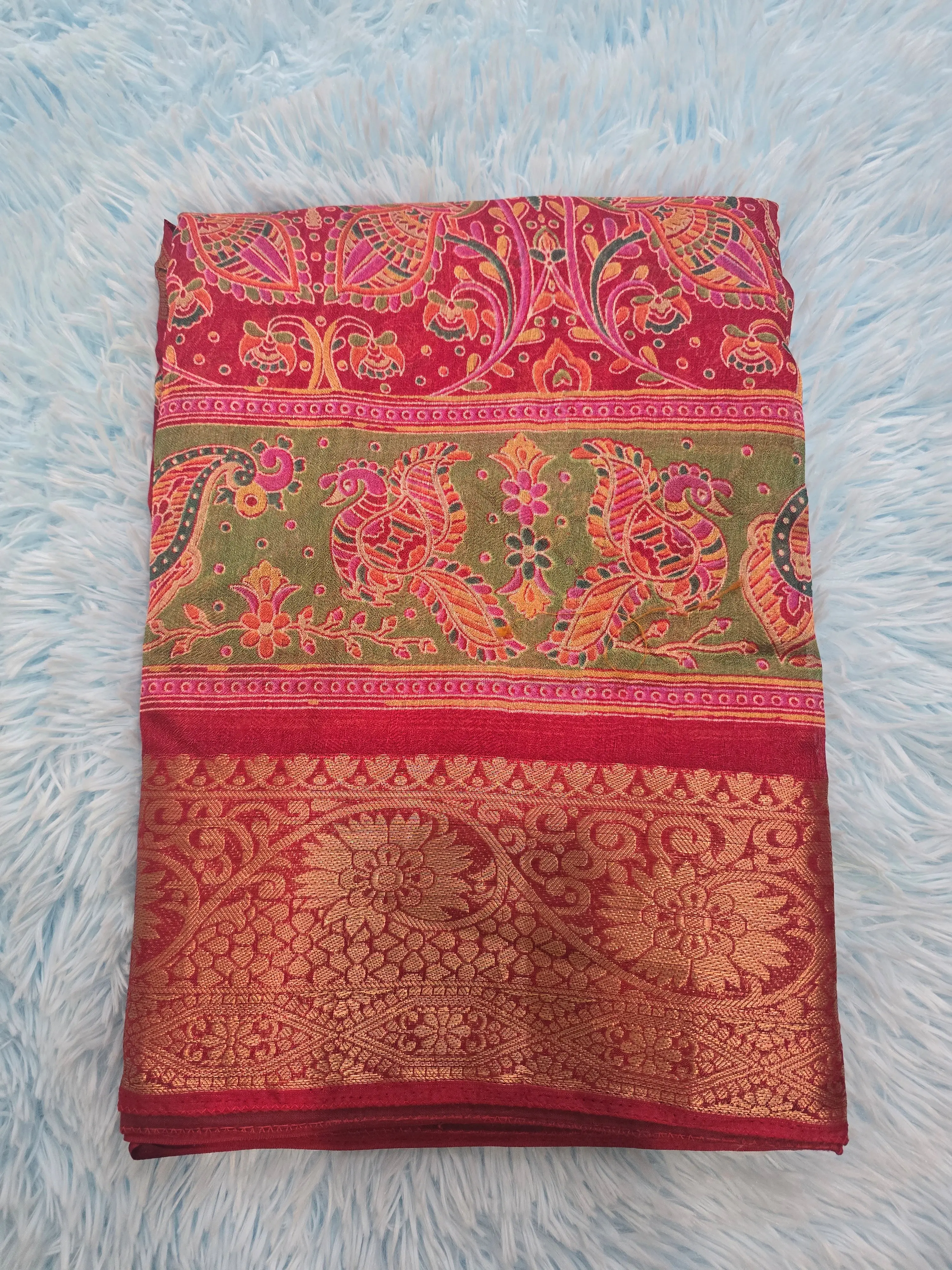Women's Red, High quality traditional peacock print Georgette Saree with Woven Banarasi Border.
