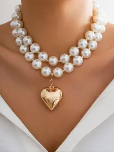 Boho Style Faux Pearl Decorated Heart Shaped Pendant Necklace, Elegant Beaded Necklace for Party, Daily Decor, Daily Wear Necklace, Trendy All-match & Exquisite Jewelry for Birthday Gift, Fashion Necklace
