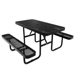 HIG Heavy Duty Rectangular Outdoor Picnic Table with Steel Frame, Thermoplastic Coating, Umbrella Hole, Built-in Benches, Seats 8, for Park, Patio, School (Black, 72 inch)