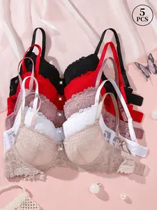 5PCS Women's Lace Push-Up Bra,Underwire Support Lift and Anti-Sagging, Elegant lace Breathable Soft, Adjustable Straps, Slimming  Daily Wear SpringStatements