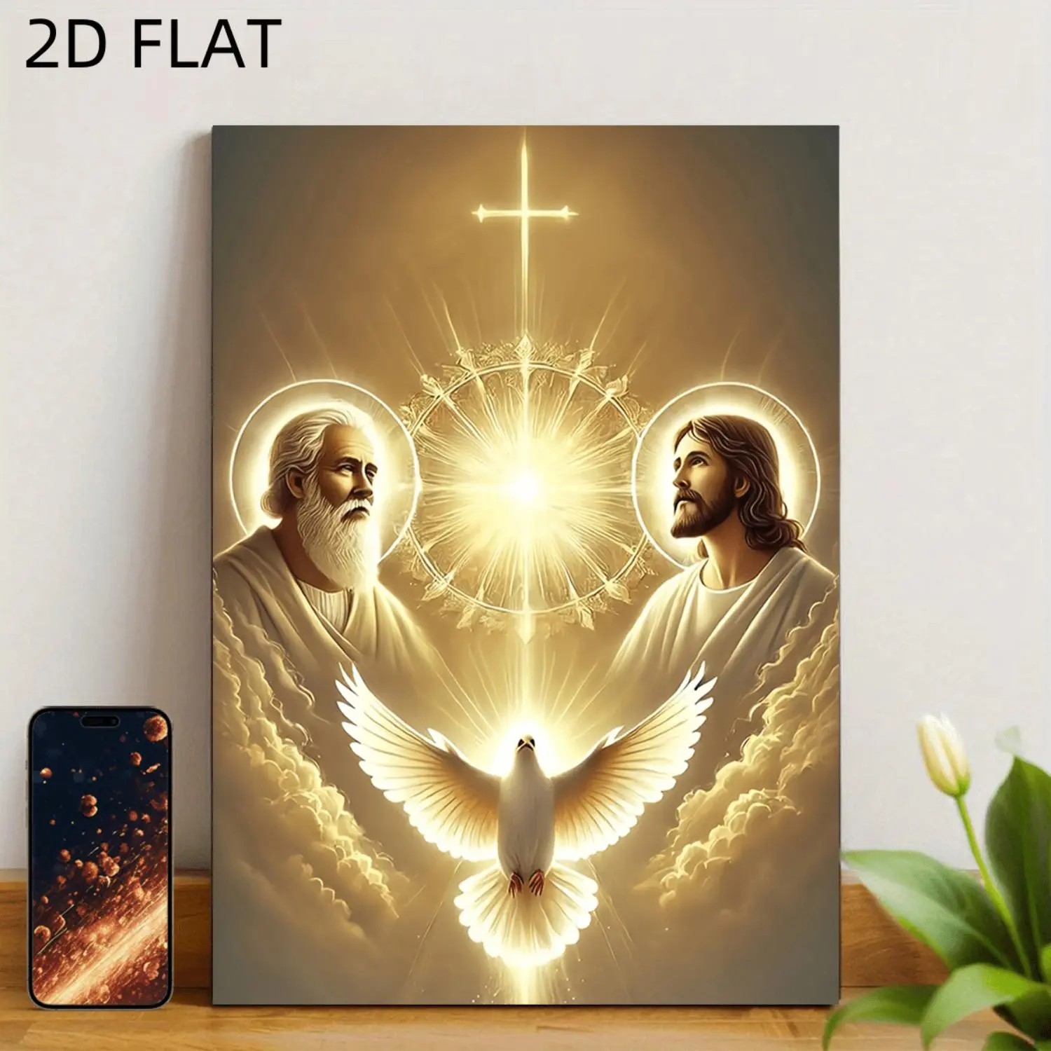 2D Flat, 2D FLAT 1pc Holy Trinity Canvas Wall Art - Golden Halo with Dove Design, Religious Christian Spiritual Decor, Suitable for Bedroom, Office, Living Room, Spiritual Home Decor, Dove Image, 2D Flat, Perfect Room Decoration,