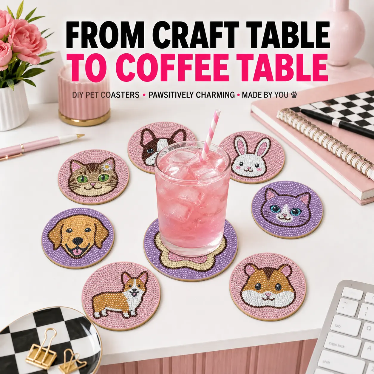 8-piece pet-themed diamond painting coaster set, including base. DIY pet-style coasters, suitable for beginners, adults, and children. Diamond painting craft supplies.