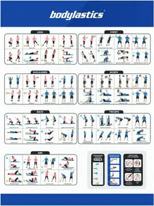 Bodylastics Resistance Band Workout Guide Poster, Laminated 18 x 24 Inch Exercise Chart, Full Body Training for Legs, Chest, Back, Shoulders, Biceps, Triceps, Abs