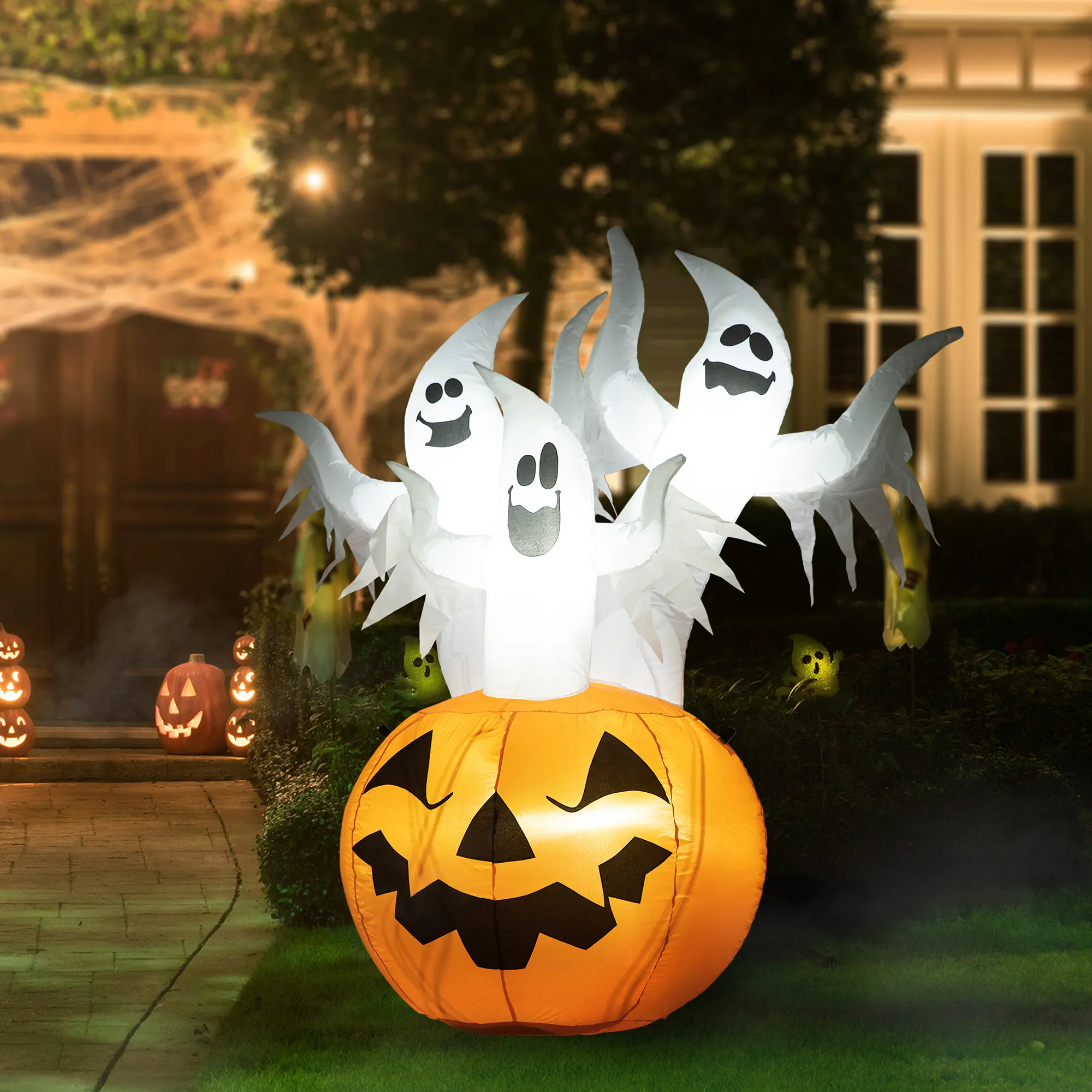 Glitzhome 6FT Lighted 3 Ghosts In Jack-O-Lantern Pumpkin Inflatable Outdoor Holiday Yard Decor