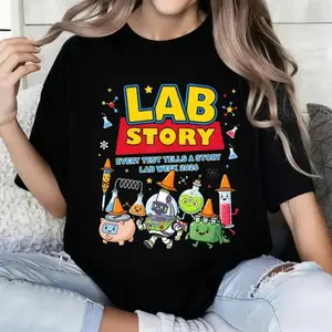 100 Percent Cotton Casual Style T-Shirt Lab Story Every Test Tells A Story Lab Week 2026 Cartoon Science Theme For Students And Science Enthusiasts Perfect For Spring And Fall Wear Great Gift For Scientists Teachers And Kids Who Love Chemistry And Experi