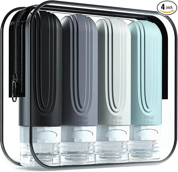 4-Pack TSA-Approved 3-oz BPA-Free Leakproof Refillable Liquid Silicone Extrudable Travel Bottles, Mini Travel Products for Shampoo, Conditioner, Lotion, Makeup Tools (Beauty & Personal Care Accessories)