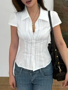 Women's Fashion Slim Fit Button Shirt, Short Sleeve Waist Cinching Top, Casual Office Wear, Striped Blouse, Daily Use