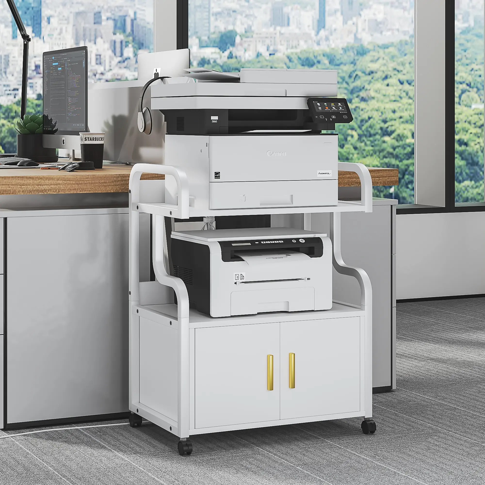 VELELO 2 Tier Large Printer Stand With Cabinet Power Outlet, Printer Table With Storage Shelf, Rolling Printer Cart With Wheels For Home Office