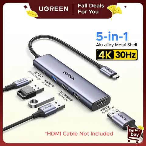 UGREEN USB Type-C 5-in-1 Hub - PC Accessories, 4K Video Out Adapter, 100W Fast Charging PD, 3 USB 3.0 Ports (HDMI Cable Not Included) for iPhone 15/16/17 Series, iPad Pro 2021/2022/2024/2025, MacBook, Samsung Galaxy S24-25, XPS