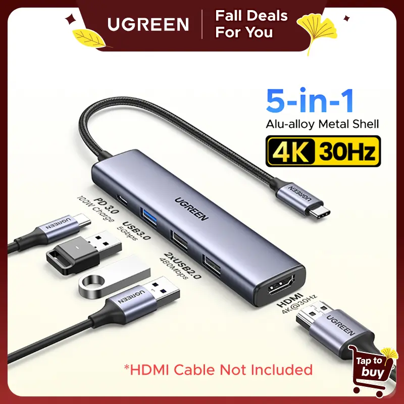 UGREEN USB Type-C 5-in-1 Hub - PC Accessories, 4K Video Out Adapter, 100W Fast Charging PD, 3 USB 3.0 Ports (HDMI Cable Not Included) for iPhone 15/16/17 Series, iPad Pro 2021/2022/2024/2025, MacBook, Samsung Galaxy S24-25, XPS