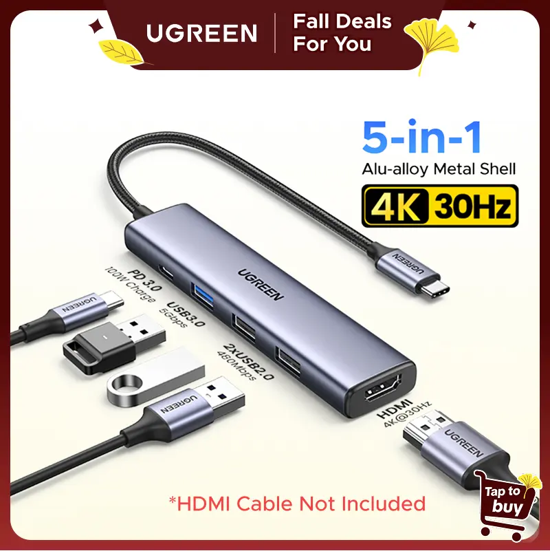 UGREEN USB Type-C 5-in-1 Hub - PC Accessories, 4K Video Out Adapter, 100W Fast Charging PD, 3 USB 3.0 Ports (HDMI Cable Not Included) for iPhone 15/16/17 Series, iPad Pro 2021/2022/2024/2025, MacBook, Samsung Galaxy S24-25, XPS