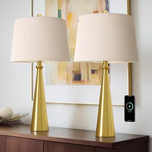 25.75" Modern Table Lamp Set of 2, Bedside Lamps with USB Ports, Brass Gold Nightstand Lamps Set for Living Room Bedroom House Bedside Home Office Family