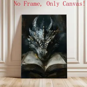 Dark Academia Dragon Canvas Poster (Unframed) - Dragon Reading Book Wall Art - Moody Library Decor - Gift for Book Lover Bookworm Fantasy Reader