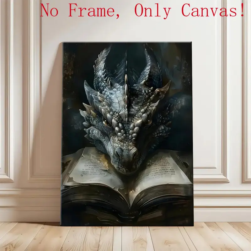 Unframed Waterproof Artistic Dark Academia Wood-Inspired Dragon Reading Canvas Poster Print - Dark Aesthetic Wall Decor with Plaid, Polka Dot, Houndstooth Accents for Fantasy Book Lovers
