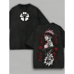 Asta Black Clover Anime/Manga/Game Double-Sided Print Acid-Washed T-Shirt, 90s Street Style Men's Soft Top, 90s Graphic T-Shirt